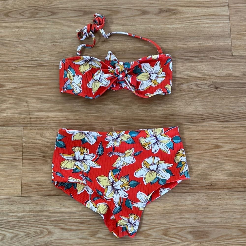 Eberjey Womens 2 Piece Bikini Swimsuit Small Orange Floral High Waisted Ribbed